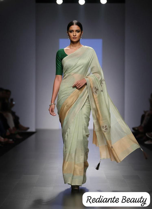 Sea Green Tissue Organza Saree – Golden Grace with Forest Green Detailing