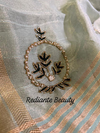 Sea Green Tissue Organza Saree – Golden Grace with Forest Green Detailing