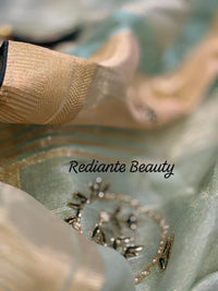 Sea Green Tissue Organza Saree – Golden Grace with Forest Green Detailing