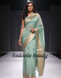 Turquoise Green Tissue Organza Saree – Peacock Elegance in Gold Weave