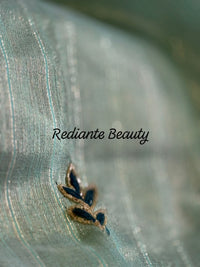 Turquoise Green Tissue Organza Saree – Peacock Elegance in Gold Weave