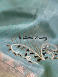 Turquoise Green Tissue Organza Saree – Peacock Elegance in Gold Weave