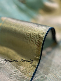 Turquoise Green Tissue Organza Saree – Peacock Elegance in Gold Weave