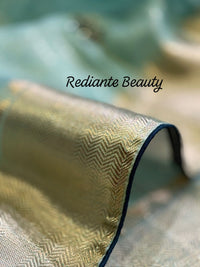 Turquoise Green Tissue Organza Saree – Peacock Elegance in Gold Weave