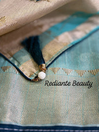 Turquoise Green Tissue Organza Saree – Peacock Elegance in Gold Weave