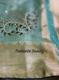 Turquoise Green Tissue Organza Saree – Peacock Elegance in Gold Weave