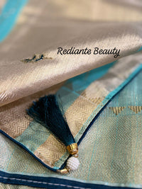 Turquoise Green Tissue Organza Saree – Peacock Elegance in Gold Weave