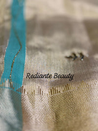 Turquoise Green Tissue Organza Saree – Peacock Elegance in Gold Weave