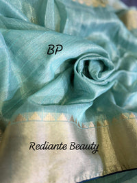 Turquoise Green Tissue Organza Saree – Peacock Elegance in Gold Weave