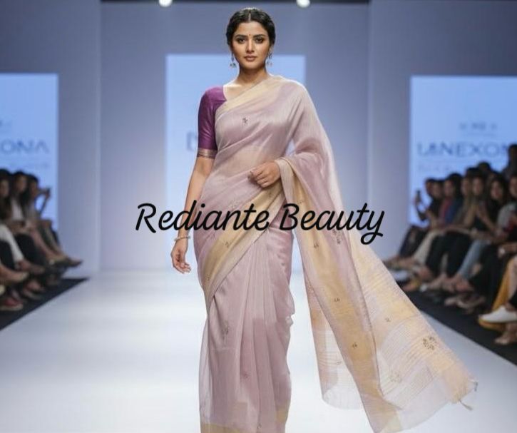 Light Pink Tissue Organza Saree – Purple Elegance with Golden Zari Glamour