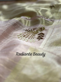 Light Pink Tissue Organza Saree – Purple Elegance with Golden Zari Glamour