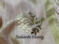 Light Pink Tissue Organza Saree – Purple Elegance with Golden Zari Glamour