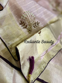 Light Pink Tissue Organza Saree – Purple Elegance with Golden Zari Glamour