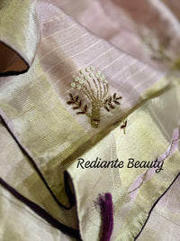 Light Pink Tissue Organza Saree – Purple Elegance with Golden Zari Glamour