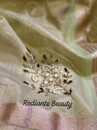 Pistachio Green Tissue Organza Saree – Forest Green Embellished Elegance