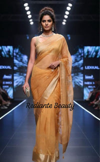 Golden Yellow Tissue Organza Saree – Crystal & Pearl Embellished Elegance
