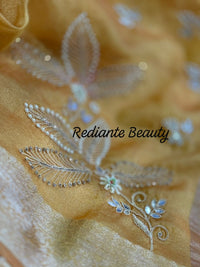 Golden Yellow Tissue Organza Saree – Crystal & Pearl Embellished Elegance