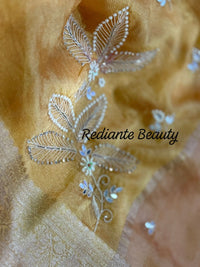 Golden Yellow Tissue Organza Saree – Crystal & Pearl Embellished Elegance