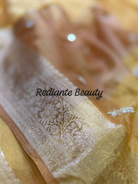 Golden Yellow Tissue Organza Saree – Crystal & Pearl Embellished Elegance