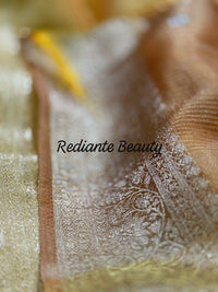 Golden Yellow Tissue Organza Saree – Crystal & Pearl Embellished Elegance