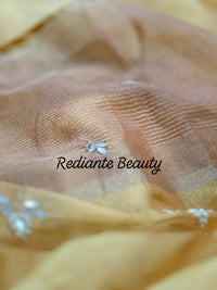 Golden Yellow Tissue Organza Saree – Crystal & Pearl Embellished Elegance