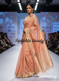 Peach Gold Tissue Organza Saree – Maroon Lining & Hand Embroidered Floral Motifs