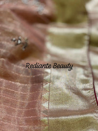 Peach Gold Tissue Organza Saree – Maroon Lining & Hand Embroidered Floral Motifs