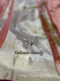 Peach Gold Tissue Organza Saree – Maroon Lining & Hand Embroidered Floral Motifs