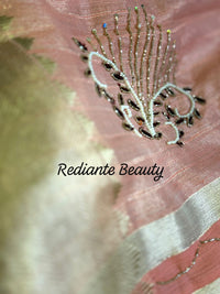 Peach Gold Tissue Organza Saree – Maroon Lining & Hand Embroidered Floral Motifs