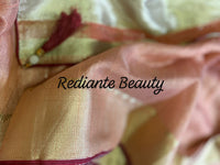 Peach Gold Tissue Organza Saree – Maroon Lining & Hand Embroidered Floral Motifs