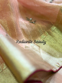 Peach Gold Tissue Organza Saree – Maroon Lining & Hand Embroidered Floral Motifs