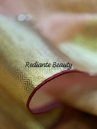 Peach Gold Tissue Organza Saree – Maroon Lining & Hand Embroidered Floral Motifs