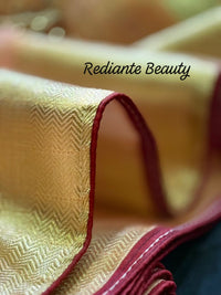 Peach Gold Tissue Organza Saree – Maroon Lining & Hand Embroidered Floral Motifs