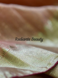 Peach Gold Tissue Organza Saree – Maroon Lining & Hand Embroidered Floral Motifs
