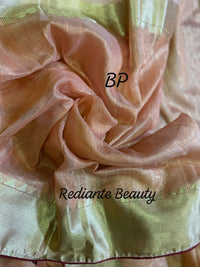 Peach Gold Tissue Organza Saree – Maroon Lining & Hand Embroidered Floral Motifs