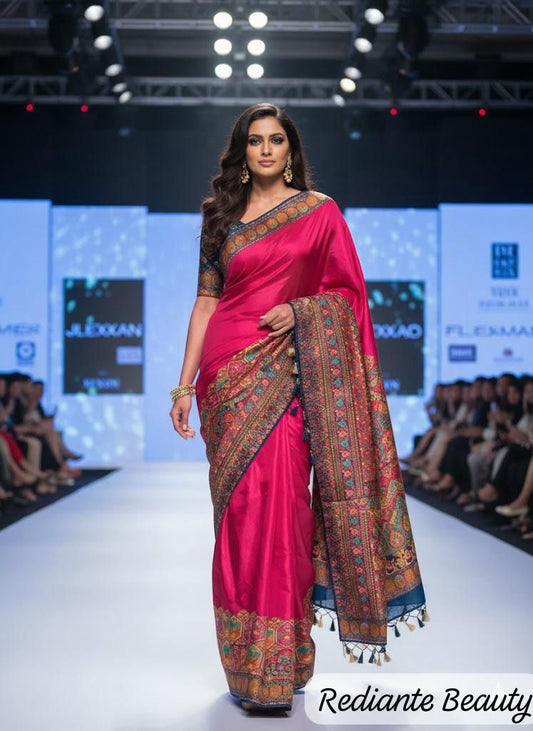 Fuchsia Pink Kashmiri Silk Saree – Multicolour Pashmina Weave & Heritage Motifs