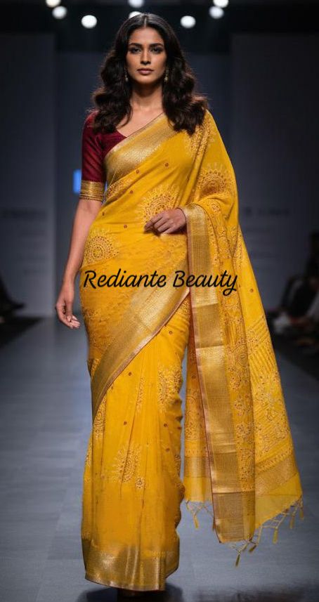 Golden Turmeric Yellow Silk Saree – Crimson Red Border & Bandhani Art Embellishments