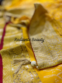 Golden Turmeric Yellow Silk Saree – Crimson Red Border & Bandhani Art Embellishments