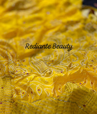 Golden Turmeric Yellow Silk Saree – Crimson Red Border & Bandhani Art Embellishments