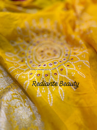 Golden Turmeric Yellow Silk Saree – Crimson Red Border & Bandhani Art Embellishments