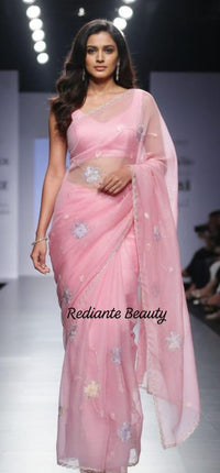 Baby Pink Chiffon Saree – Silver Scallop Border & Floral Cut Dana Embellishments