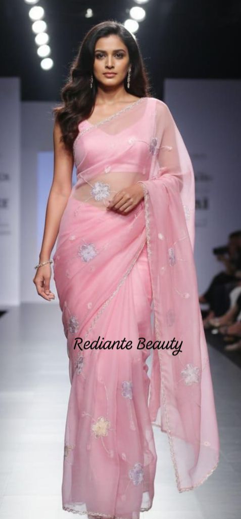 Baby Pink Chiffon Saree – Silver Scallop Border & Floral Cut Dana Embellishments