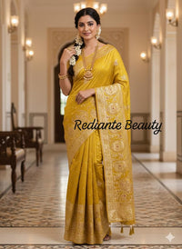 Mustard Golden Yellow Dola Silk Saree – Royal Mankolam Tradition
