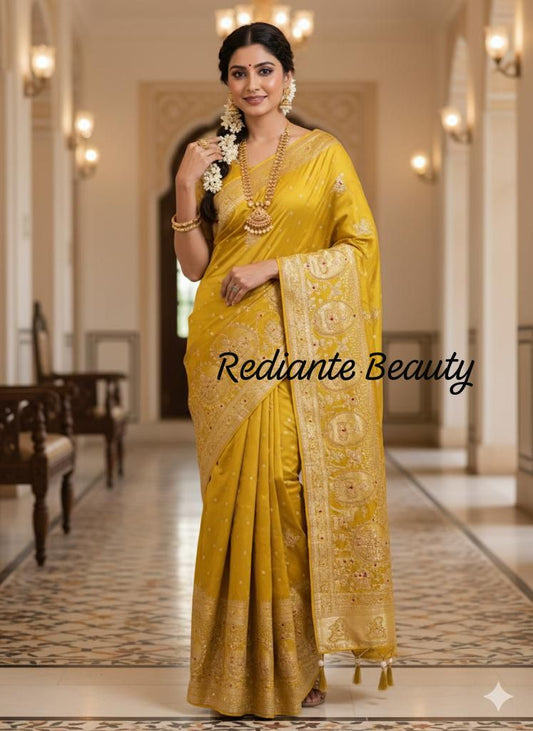 Mustard Golden Yellow Dola Silk Saree – Royal Mankolam Tradition