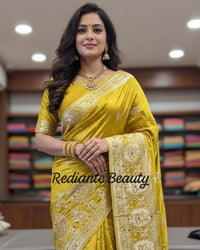 Mustard Golden Yellow Dola Silk Saree – Royal Mankolam Tradition