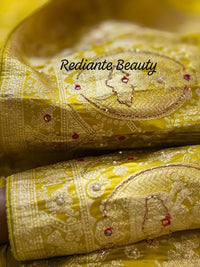 Mustard Golden Yellow Dola Silk Saree – Royal Mankolam Tradition