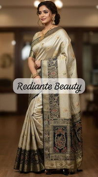 Creamy Golden Brocade Silk Saree – Peacock Blue Grandeur