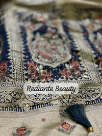 Creamy Golden Brocade Silk Saree – Peacock Blue Grandeur