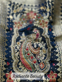 Creamy Golden Brocade Silk Saree – Peacock Blue Grandeur