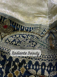 Creamy Golden Brocade Silk Saree – Peacock Blue Grandeur